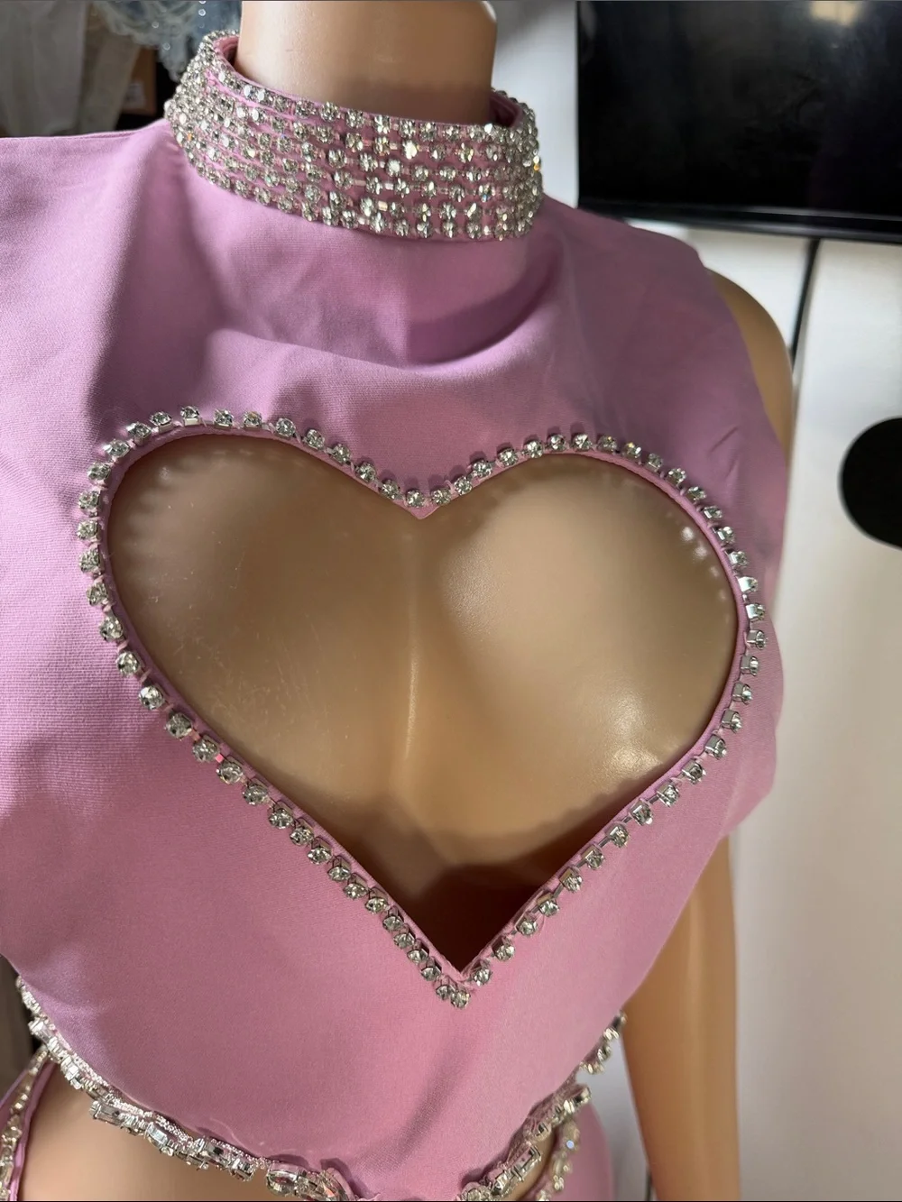 Pink Rhinestone Heart Cutout Crop Top & Skirt Set